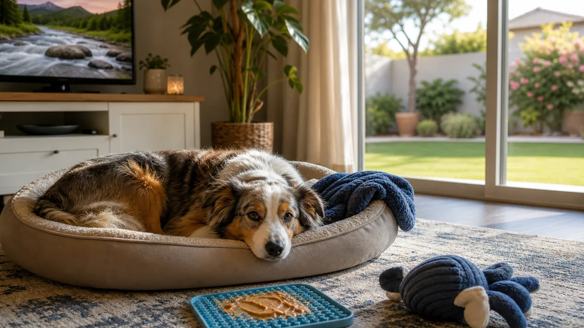 Calm dog resting with a lick mat while a relaxation video plays in a cozy home