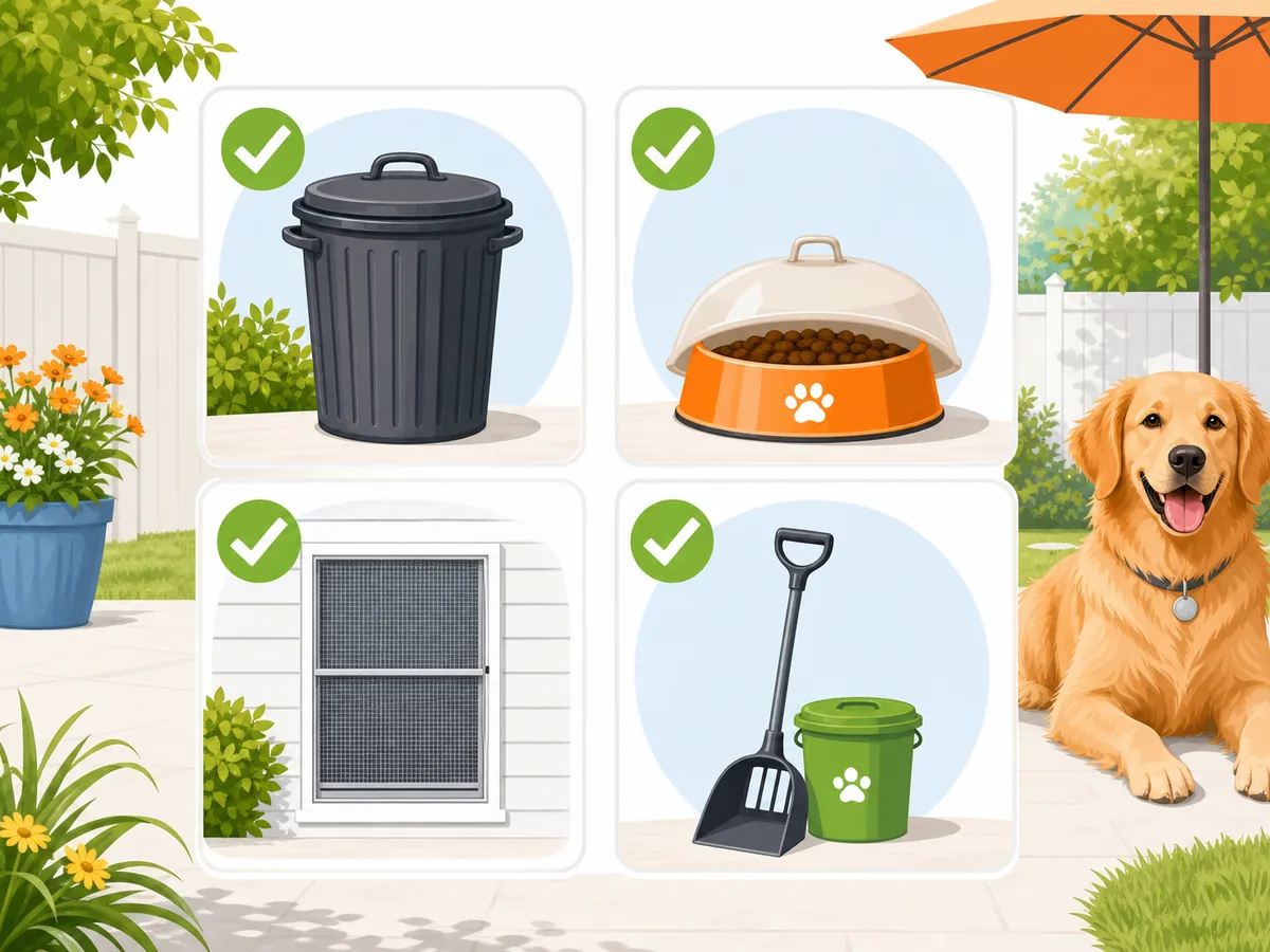 Illustrated summer fly prevention checklist with sealed trash, covered pet food, repaired screens, and cleanup tools