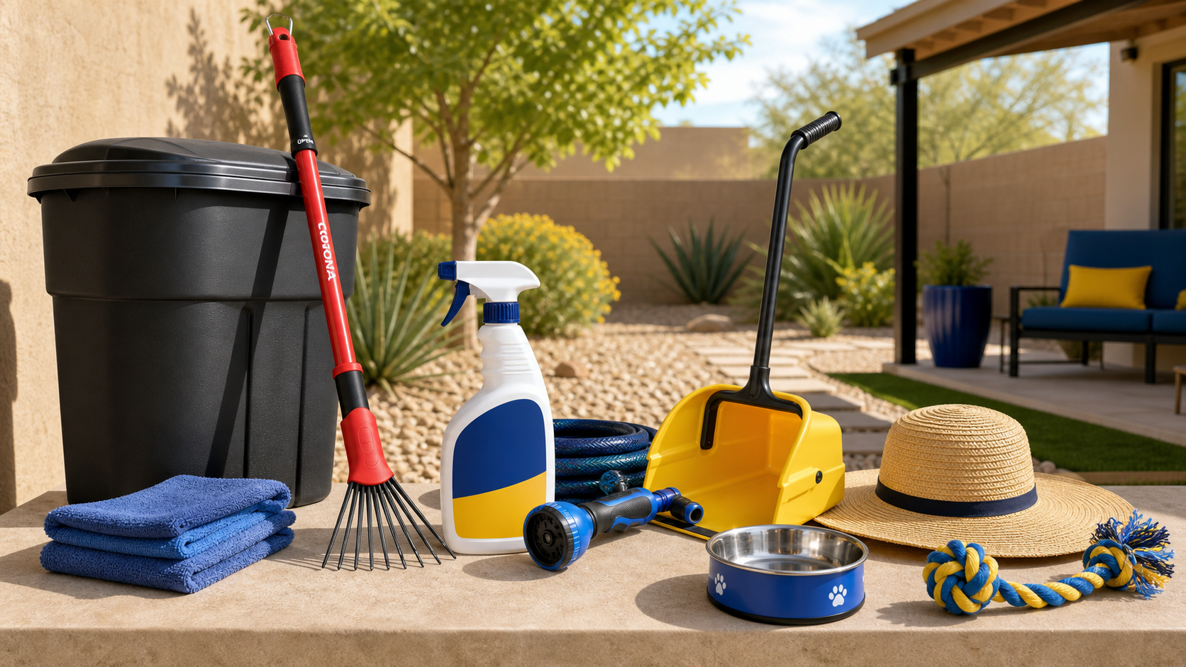 Summer yard readiness supplies with cleanup tools, sealed trash bin, hose, pet bowl, and deodorizer spray in an Arizona backyard