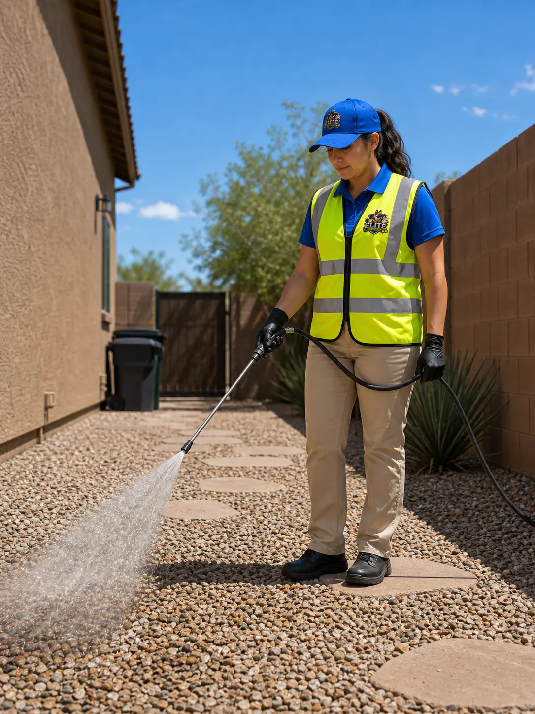 Elite Scoop Patrol technician spraying deodorizer and sanitizer treatment in a side yard