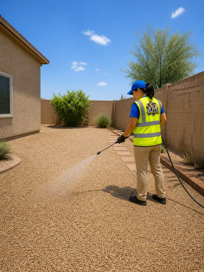 Elite Scoop Patrol crew member spraying deodorizer treatment along a side yard