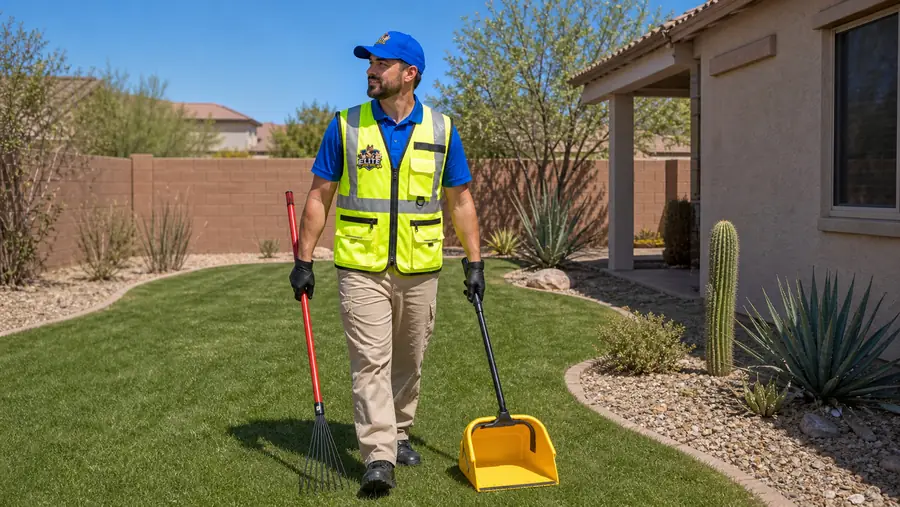Crew member clearing a desert-style yard with open space for copy