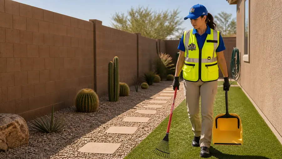 Elite Scoop Patrol crew member cleaning a backyard rock area beside turf