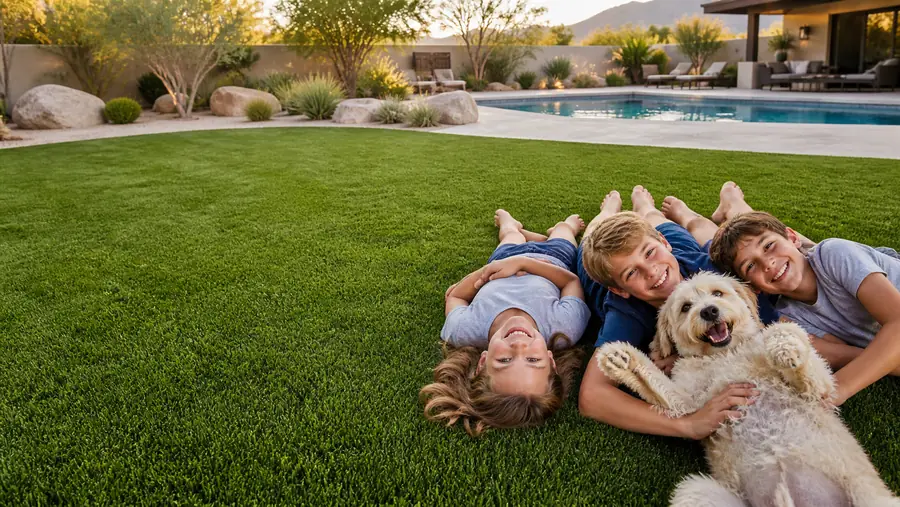 Kids and a dog relaxing on a clean backyard lawn after dog waste removal service